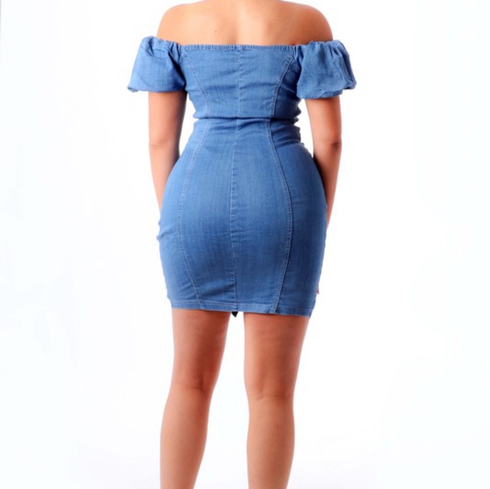 💥Off the Shoulder Puff Sleeve Denim Dress - Picture 3 of 3